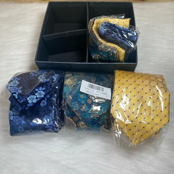 HISDERN Mens 3 Pcs Neckties Tie and Pocket Square Set Blue Yellow - Picture 4 of 11